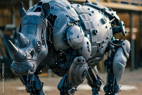 Photograph a robotic rhinoceros with advanced sensors and capabilities showcasing the strength and intelligence of animal