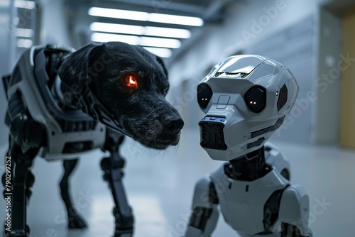 Show a robotic AI assisting in the rehabilitation or training of a domesticated animalcommercial use photo