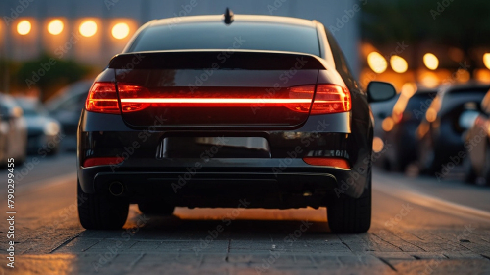 Rear view of car parked outside in parking area. Used car sales or rental service. Car insurance background. Car dealership and dealer agent concept.