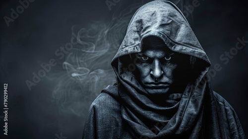 A man in a hooded cloak stands against a dark background with smoke in the air. The concept of mystery and darkness. Medieval or fantasy character. Illustration for varied design.