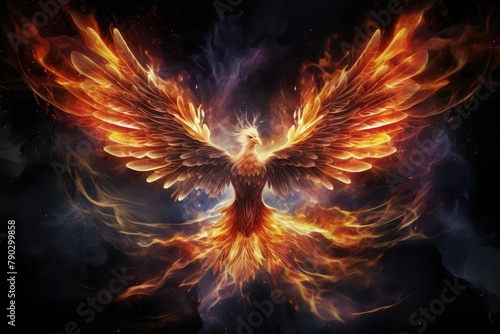 Burning phoenix bird with waving feather  Fire phoenix bird