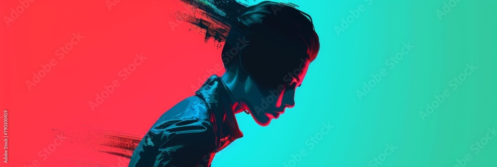 A vibrant digital artwork of a woman in profile against a striking red and turquoise backdrop, reflecting a pop art style