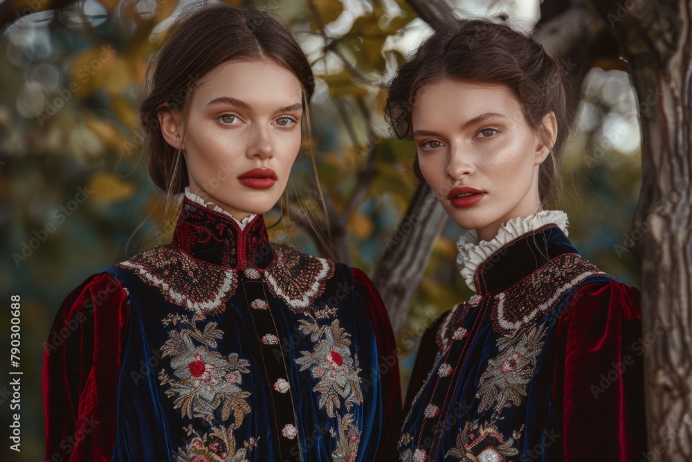 Twin women in stunning Victorian embroidered gowns stand poised in a natural setting, a blend of elegance and the organic