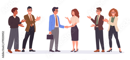 Business partners shaking hands. Bissiness deal or agreement, men and woman shaking hands surrounded by applauding team flat vector illustration. Office workers handshake © GreenSkyStudio