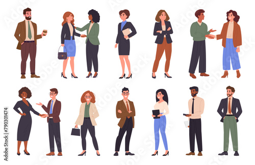 Business people teamwork. Office workers and coligues shaking hands, busy people wearing business suits flat vector illustration set. Professional characters group