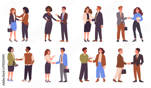 Business people handshake. Office characters shaking hands, agreement or greeting gesture flat vector illustration set. Businessmen shaking hands after successful negotiations