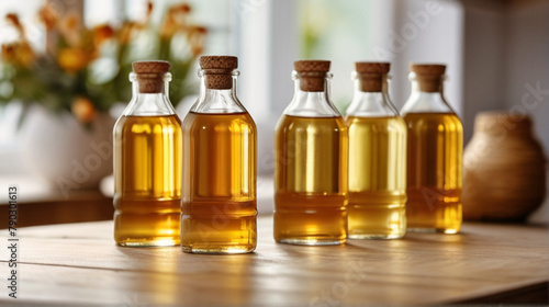 egetable fats. Different oils in glass bottles on the kitchen counter. photo