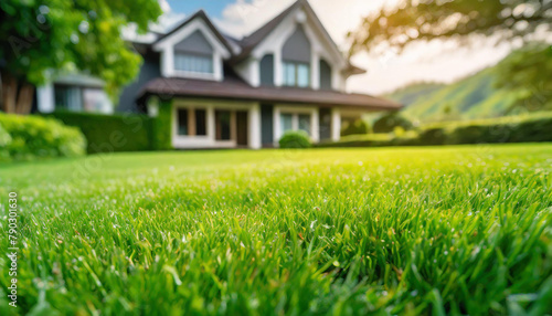 Wallpaper Mural Close-up of green lawn with blurred house in the background. Backyard landscaping. Torontodigital.ca