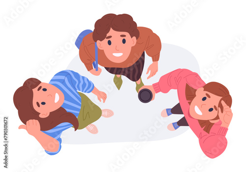 Cartoon girls look upwards. Cute female characters top view look up, women saw something in sky, people looking up view from above flat vector illustration set. Ladies staring up