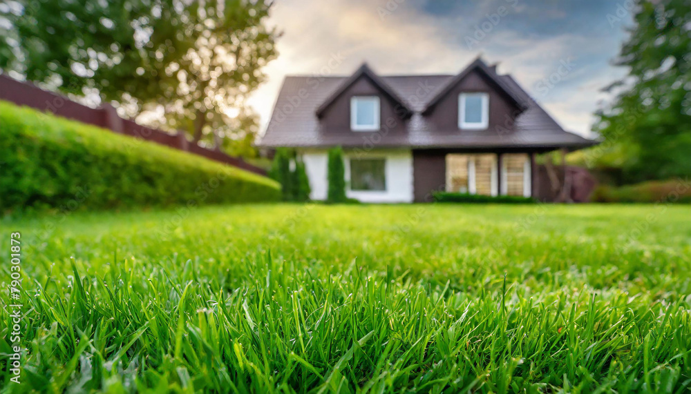 custom made wallpaper toronto digitalClose-up of green lawn with blurred house in the background. Backyard landscaping.