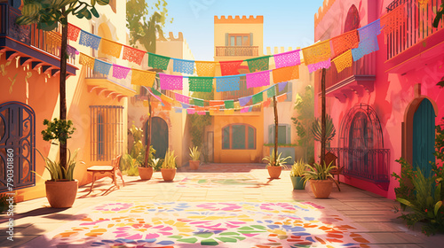 street in the town, A festive outdoor scene:papel picado banners crisscrossing above a lively courtyard, casting playful shadows on sun-kissed walls. photo