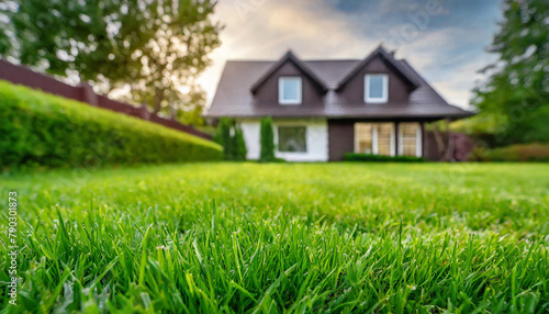 Wallpaper Mural Close-up of green lawn with blurred house in the background. Backyard landscaping. Torontodigital.ca