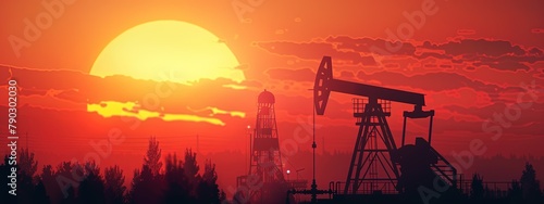 Oil pump silhouette at sunset, symbolizing energy and advertising. Contrast of light and dark against red sky.