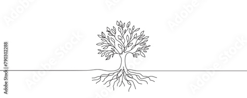 tree in one line. Graphic vector illustration of a continuous line drawing of a tree with roots