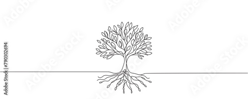 tree in one line. Graphic vector illustration of a continuous line drawing of a tree with roots