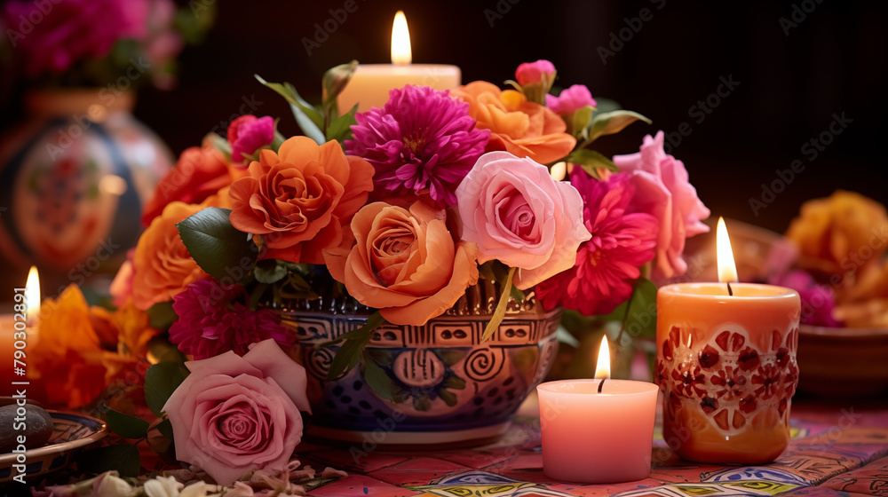 candles and rose petals, A close-up of afestive Cinco de Mayo centerpiece: a terracotta vase filled with fresh flowers, surrounded by flickering candles. candles and rose petals, A close-up of afestive Cinco de Mayo centerpiece: a terracotta vase filled with fresh flowers, surrounded by flickering candles.
