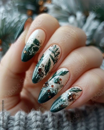 Nail design with dark green and white colors