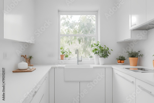 Modern white minimalistic kitchen interior details. Stylish white quartz countertop with kitchen sink with water tap  oranges and potted plant  window and wall cabinet.