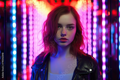 Aesthetic beautiful girl on blurry neon background, Girl portrait soft neon photography at night © SaroStock