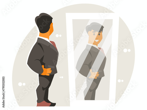 Businessman looking himself in the mirror. Man checking his appearance in the mirror. Vector illustration