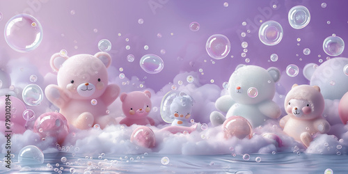 Süße Figuren und Bubbles in pink und lila als Hintergrundmotiv und Druckvorlage für Tapeten im Kinderzimmer, ai generativ