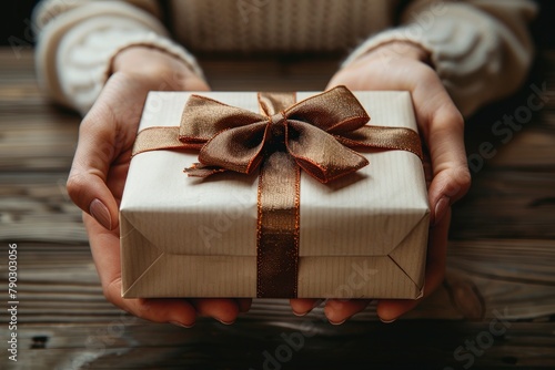 Closeup of hands holding a gift box with a ribbon on a wooden table
