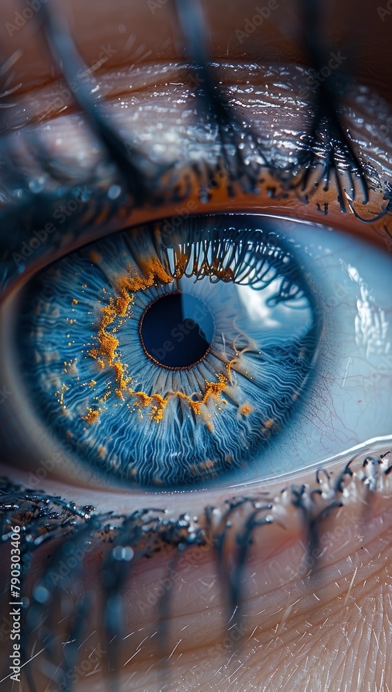A close-up of an eye with a blue iris, looking directly at the camera