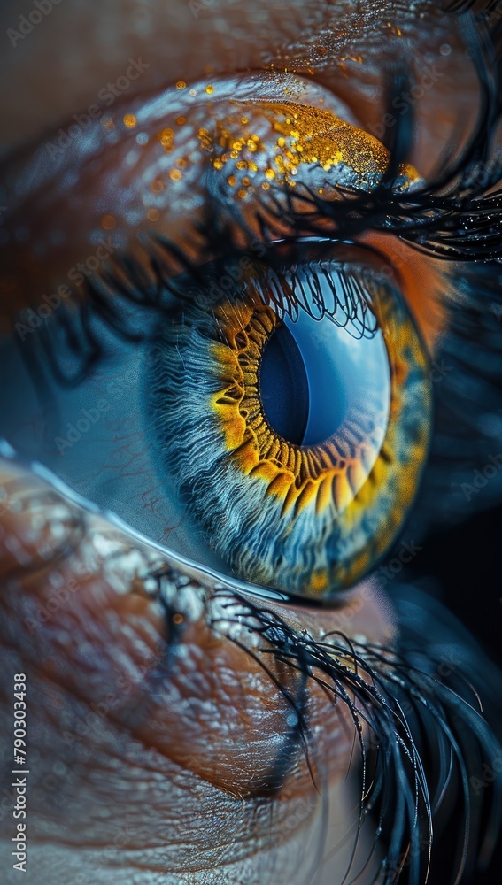 A close-up of an eye with a blue iris, looking directly at the camera A close-up of an eye with a blue iris, looking directly at the camera