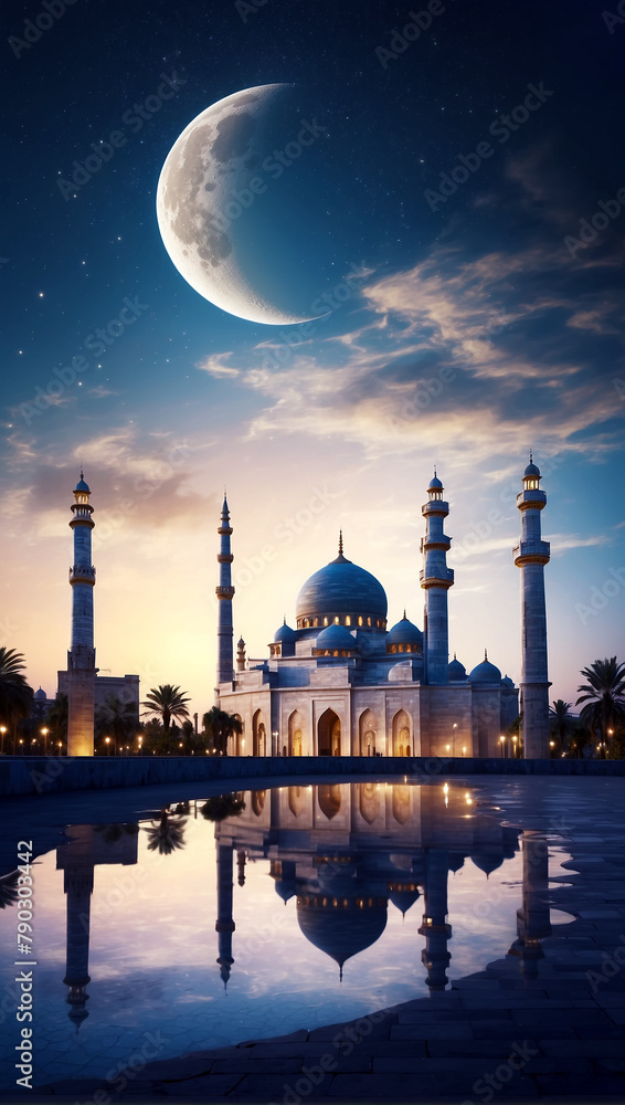 Crescent moon with intricate patterns and a goat silhouette inside it, hanging lanterns. And a skyline of mosques and minarets against a dark blue background