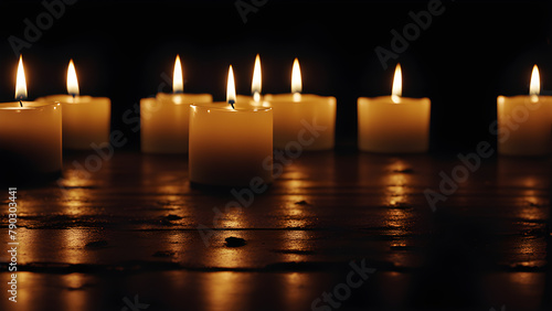 Burning candles on dark background, closeup. Space for text