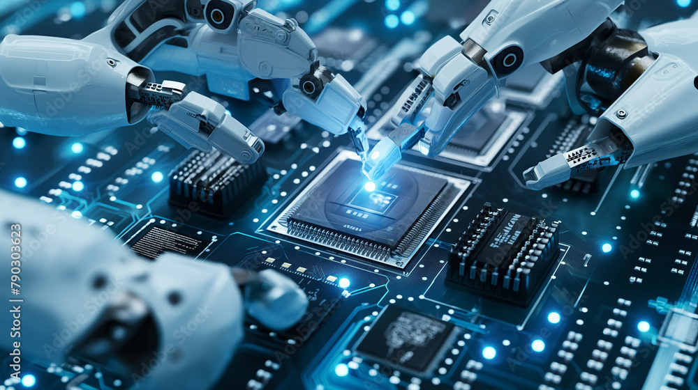 A detailed view of robotic pick-and-place systems placing semiconductor components onto circuit boards, with AI-enabled chips featuring intricate designs and identifiers in extreme A detailed view of robotic pick-and-place systems placing semiconductor components onto circuit boards, with AI-enabled chips featuring intricate designs and identifiers in extreme