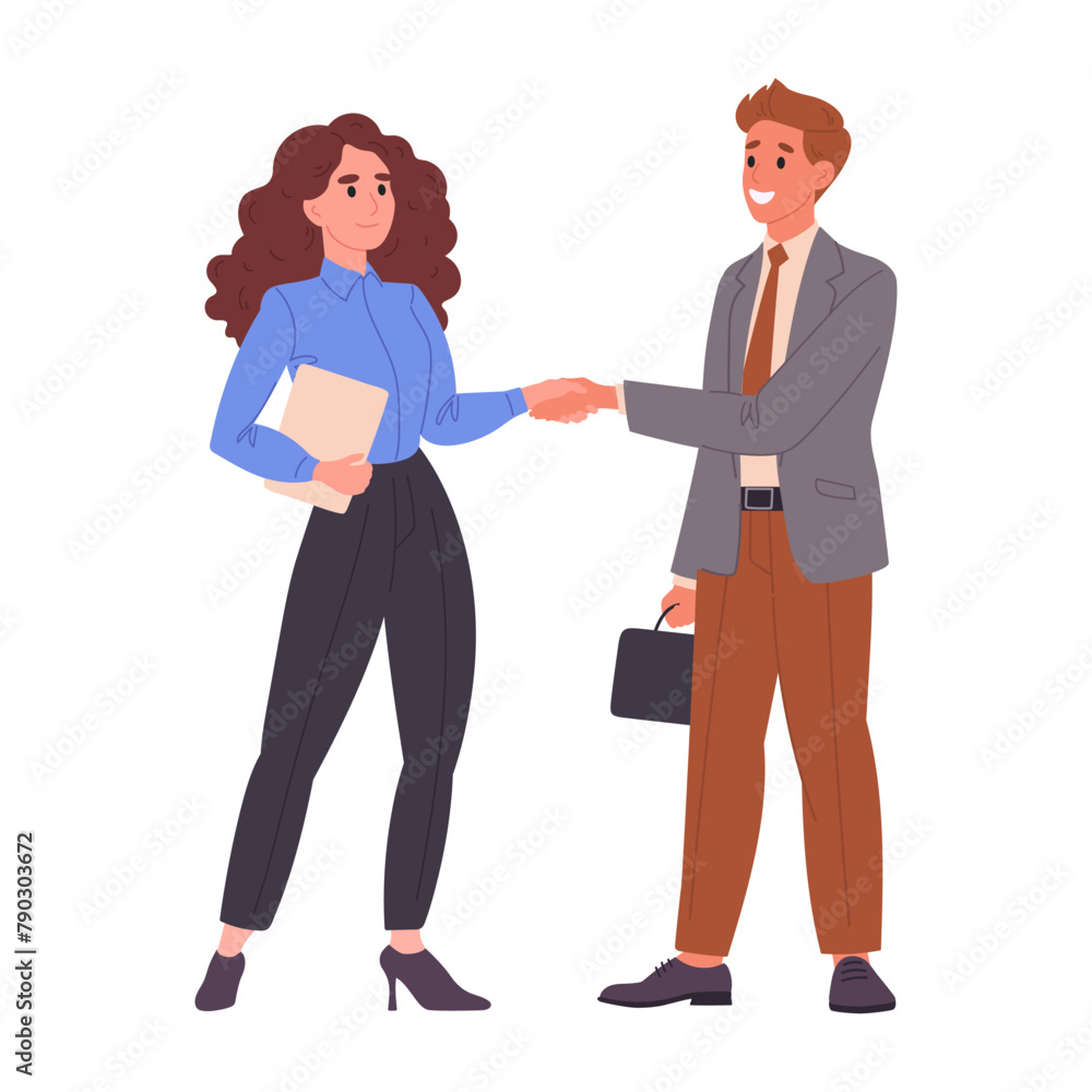 Office colleagues shaking hands. Business deal handshake, male and female business people handshake flat vector illustration. Business deal handshake scene Office colleagues shaking hands. Business deal handshake, male and female business people handshake flat vector illustration. Business deal handshake scene