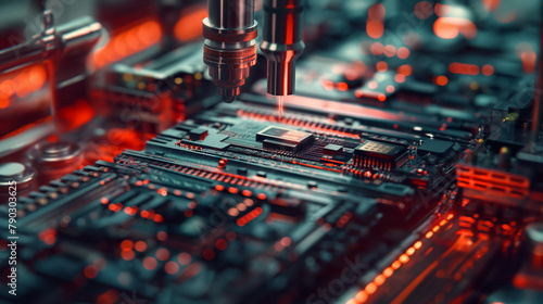 Advanced machinery meticulously assembles microchips on a high-speed production line, where AI algorithms guide each intricate step of the process, visible in close-up detail.