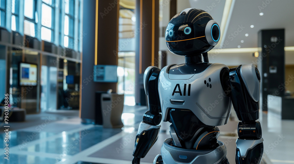 In a bustling innovation hub, an inventor showcases a humanoid robot donning the unmistakable In a bustling innovation hub, an inventor showcases a humanoid robot donning the unmistakable