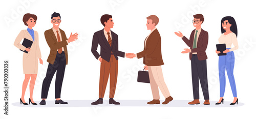 Business deal handshake. Office colleagues shaking hands, male business people handshake surrounded by applauding team flat vector illustration. Business agreement handshake