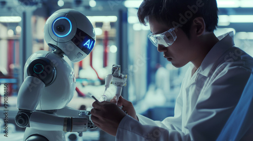 Against the backdrop of a research facility, a scientist conducts experiments beside a humanoid robot adorned with the recognizable 