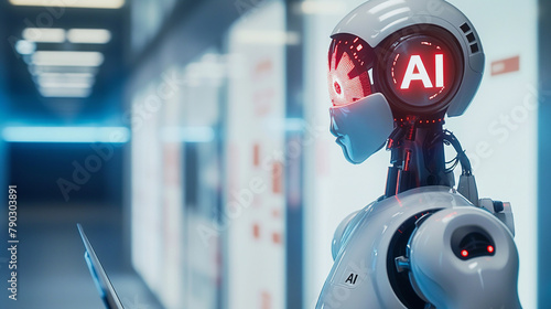 Amidst a modern research facility, a technician fine-tunes the features of a humanoid robot proudly marked with the "AI" logo, symbolizing the evolution of robotics in the age of a