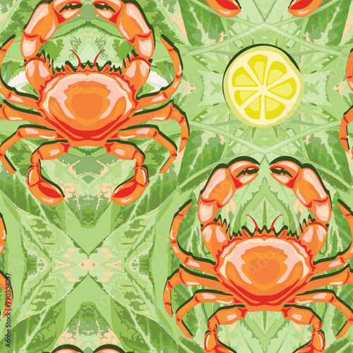 Vector, seamless pattern of green fresh salad, sour lemon and crab gifted by the sea.