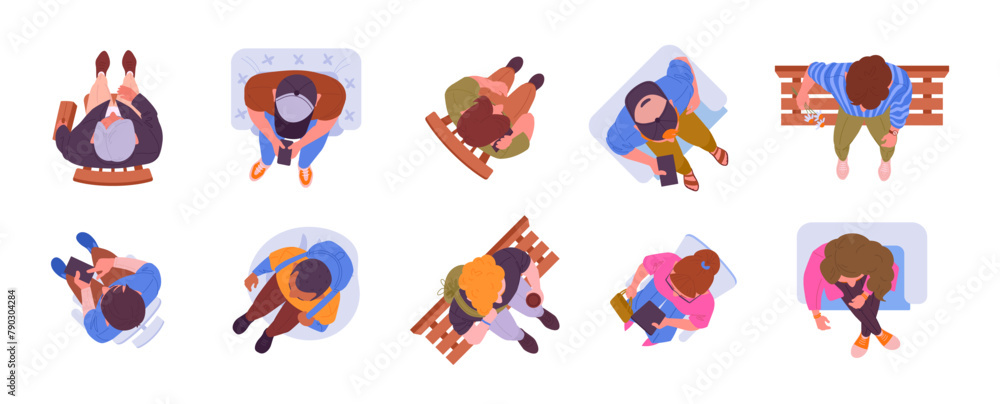 Sit Top View People sitting view from above. Sitting characters top view, men and ...