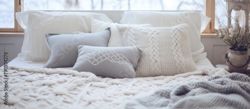 Grey bedding on a rectangle bed by a woodfloored window, cozy and comforting