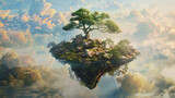 Celestial Reflections
An ethereal island floats above the clouds, with a grand tree mirroring the heaven's serene beauty in a tranquil expanse.