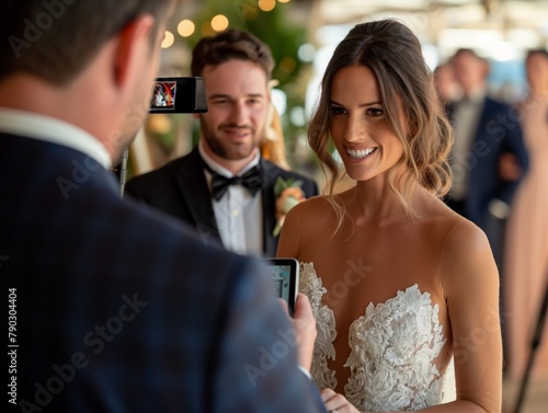 A man is taking a picture of a bride and groom. The bride is smiling and the groom is wearing a tie