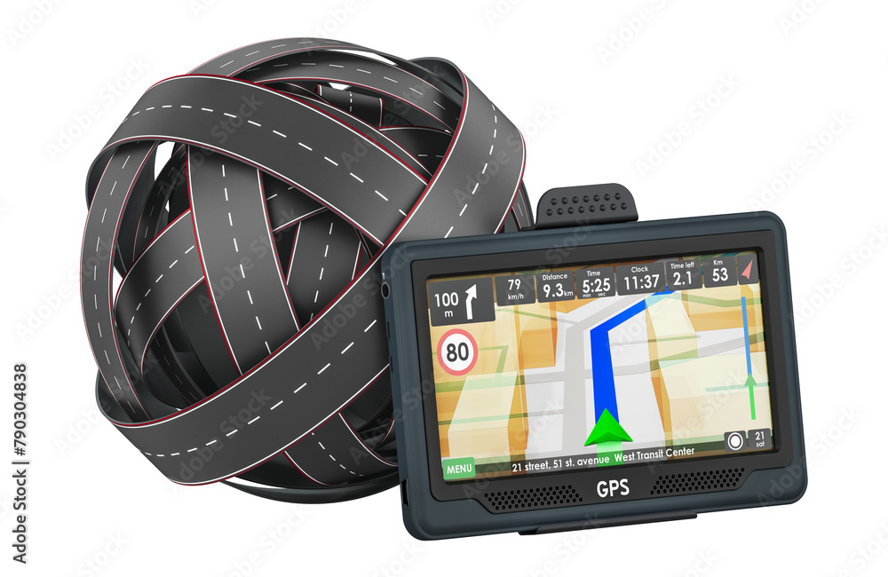 Fototapeta premium Roads knot with GPS navigation device. 3D rendering isolated on transparent background