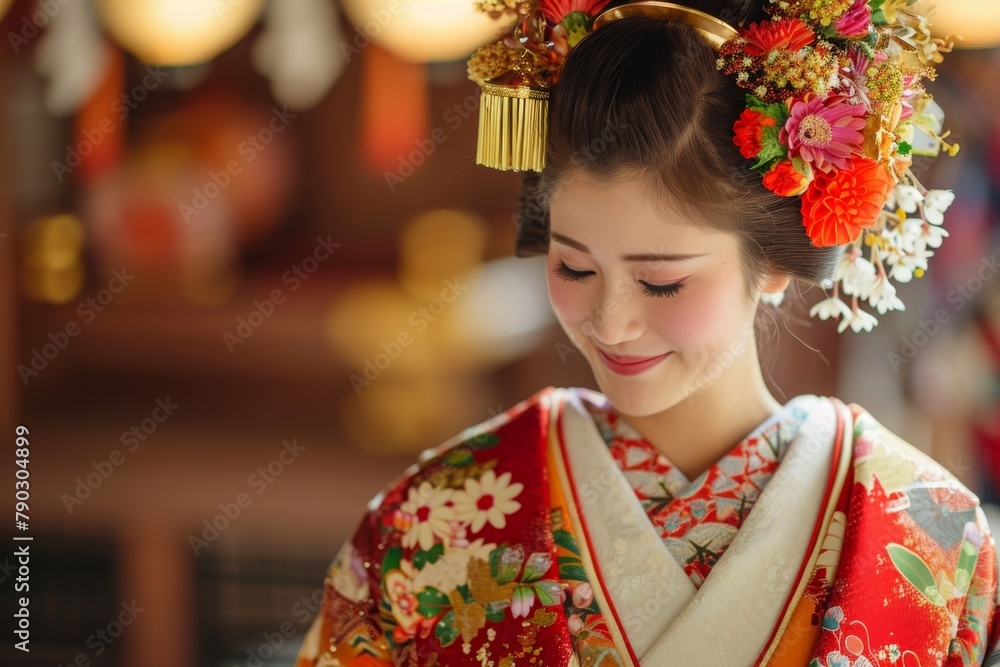 A woman dressed in a traditional kimono directs her attention towards her cell phone screen, engaged in the digital realm, Bride wearing a traditional kimono at a Japanese wedding, AI Generated A woman dressed in a traditional kimono directs her attention towards her cell phone screen, engaged in the digital realm, Bride wearing a traditional kimono at a Japanese wedding, AI Generated