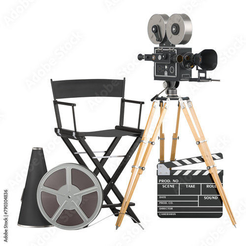 Movie camera with film reel, chair, megaphone and clapperboard. Cinema concept. 3D rendering isolated on transparent background