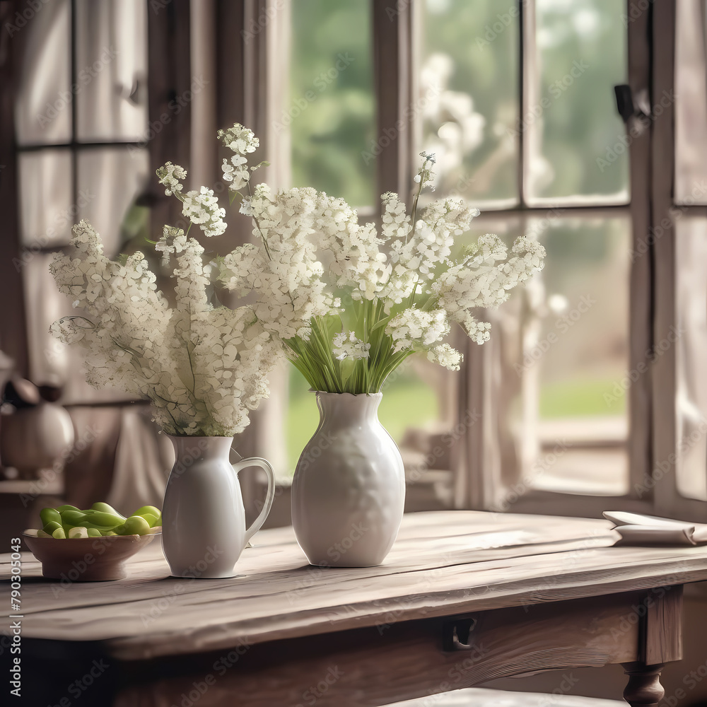 Wooden table top with copy space for product advertising in old vintage kitchen. Table and vase with white spring flowers near window in country house, rural area. Wooden table top with copy space for product advertising in old vintage kitchen. Table and vase with white spring flowers near window in country house, rural area.