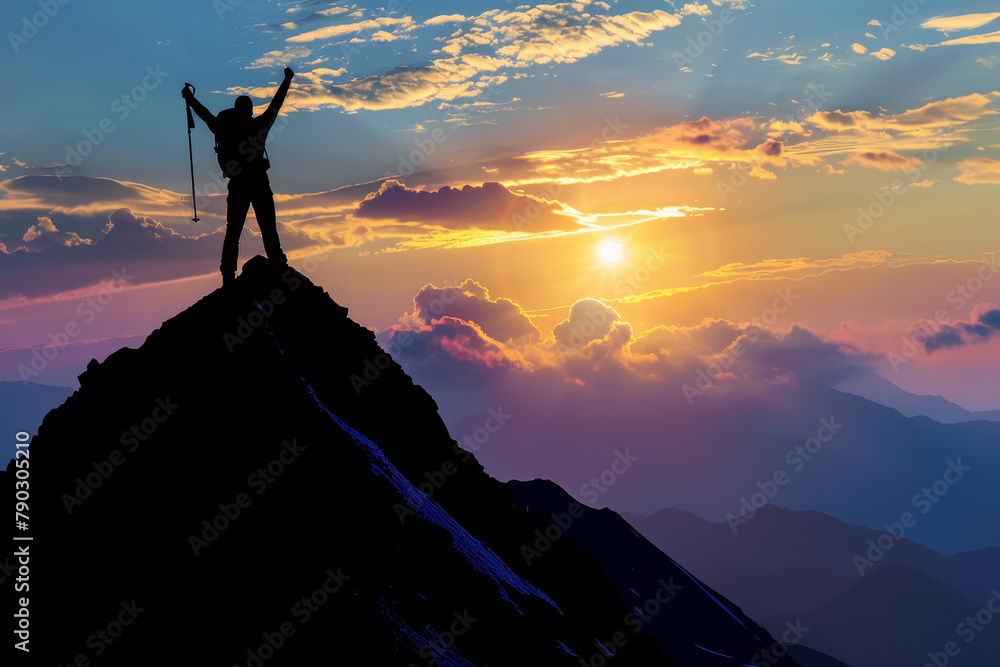 Person Celebrating on Mountain at Sunset