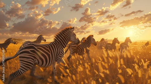 Zebras Galloping at Sunset in Golden Savanna