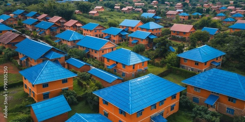 Häuser Siedlung mit blauen Dächern als Sicherheit für Laserstrahlen und Hochenergiewaffen, ai generativ