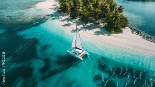 A catamaran sailing into a tropical paradise, with white sandy beaches and swaying palm trees beckoning travelers to explore their pristine shores.